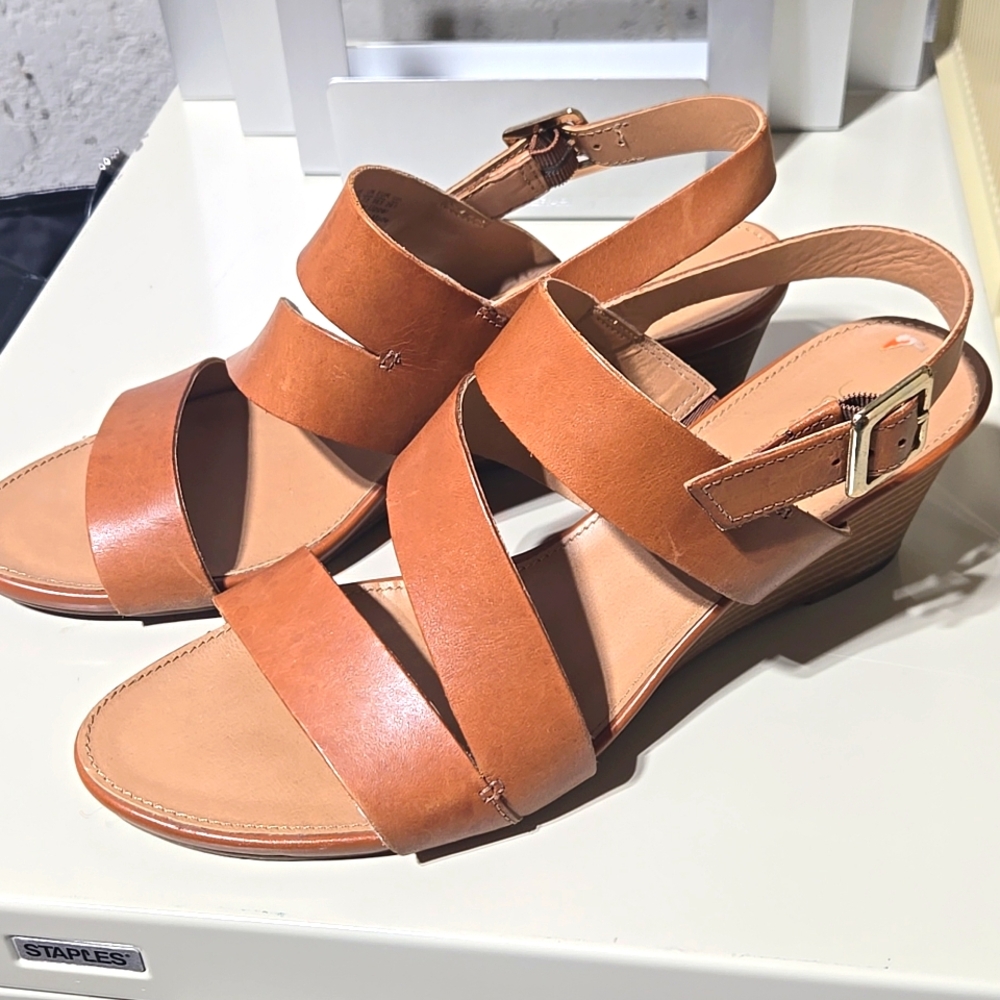 Franco Sarto leather cognac brown wedge sandles shoes size 9.5
